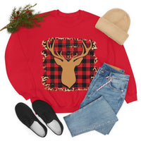 Minimalistic Buffalos Plaid Deer Holiday Unisex Heavy Blend Crewneck Sweatshirt! Winter Vibes!