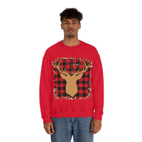 Minimalistic Buffalos Plaid Deer Holiday Unisex Heavy Blend Crewneck Sweatshirt! Winter Vibes!