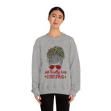 Just Really Love Christmas Bun Girl holiday Lights Unisex Heavy Blend Crewneck Sweatshirt! Winter Vibes!