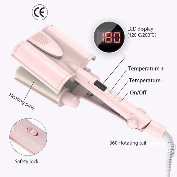 Three-Barrel Ceramic Hair Curler with LCD and Automatic Features